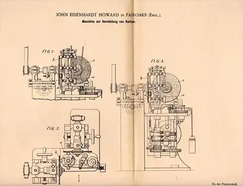 Original Patentschrift - J. Howard in Fair Oak , 1899 , Machine for the production of cork !!!