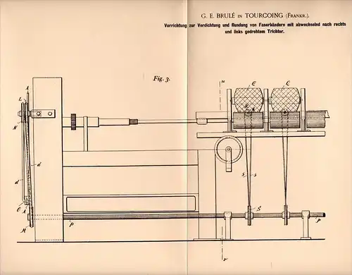 Original Patentschrift - G.E. Brulé in Tourcoing , 1899 , La compression des bandes de fibres !!!