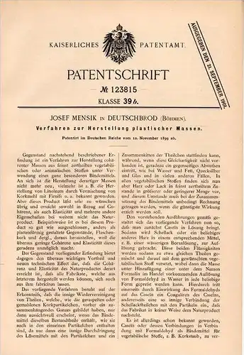 Original Patentschrift - J. Mensik in Deutschbrod , 1899 , Herstellung plastischer Massen , Havlí&#269;k&#367;v Brod  !!