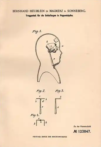 Original Patentschrift - B. Heublein in Malmerz , 1901 , Puppenkopf - Schlafaugen , Puppe , Sonneberg , Puppen !!!