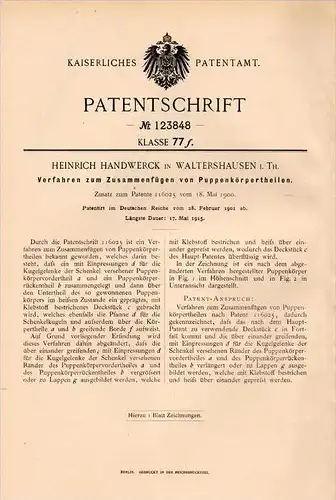 Original Patentschrift - H. Handwerck in Waltershausen i.Th., 1901 , Zusammenbau von Puppen , Puppe !!!