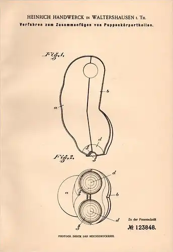 Original Patentschrift - H. Handwerck in Waltershausen i.Th., 1901 , Zusammenbau von Puppen , Puppe !!!