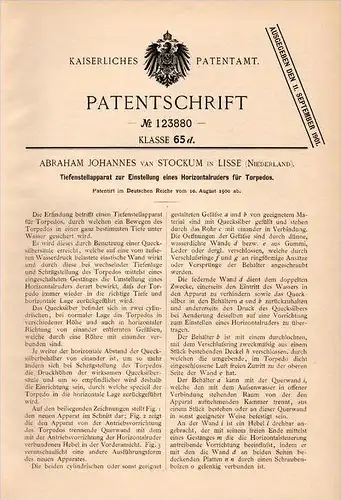 Original Patentschrift - A. van Stockum in Lisse , 1900 , Tiefenapparat für Torpedo , Torpedos !!!