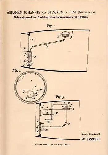 Original Patentschrift - A. van Stockum in Lisse , 1900 , Tiefenapparat für Torpedo , Torpedos !!!