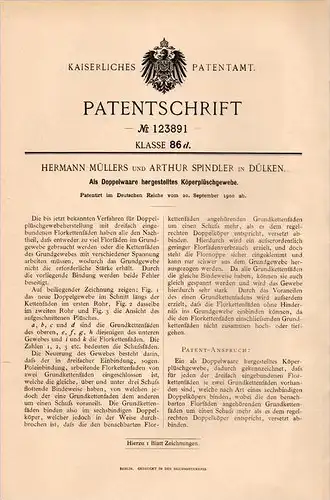 Original Patentschrift - H. Müllers und A. Spindler in Dülken b. Viersen , 1900 , Herstellung von Plüschgewebe , Flor !!