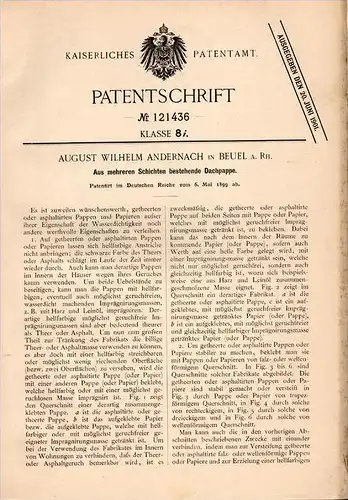 Original Patentschrift - A. Andernach in Beuel a.Rh. ,1899 , Mehrschicht - Dachpappe , Dachdecker , Hausbau , Bau , Bonn