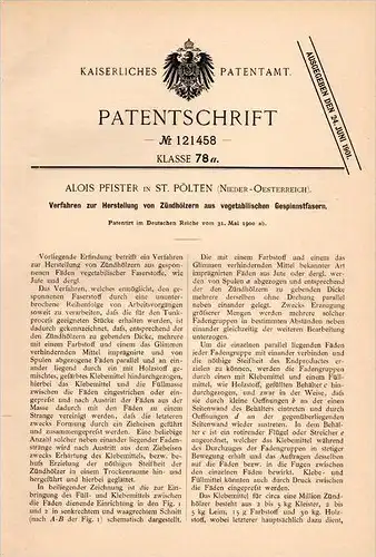 Original Patentschrift - Alois Pfister in St. Pölten , 1900 , Zündholz - Herstellung , Streichholz , Zündhölzer !!!