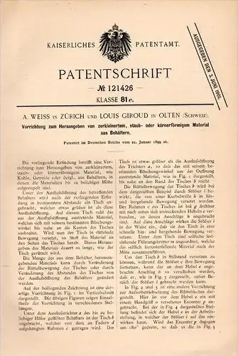 Original Patentschrift - Louis Giroud in Olten , 1899 , Maschine für Getreide oder Kohle !!!