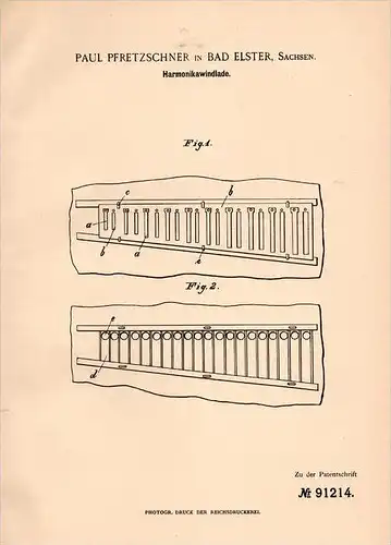 Original Patentschrift - P. Pfretzschner in Bad Elster , 1896 , Harmonika - Windlade , Musik , Instrument !!!