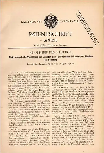 Original Patentschrift - H. Pieper Fils in Lüttich , 1896 , Elektromagnetischer Apparat für Elektromotoren !!!