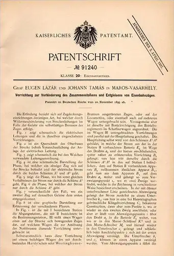 Original Patentschrift - Graf E. Lázár in Marovasárhely / Târgu Mures ,1895 , Apparat gegen Entgleisen von Eisenbahn !!!