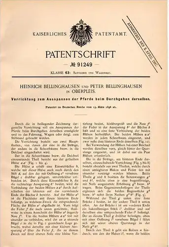 Original Patentschrift - H. Bellinghausen in Oberpleis b. Königswinter ,1896 , Apparat gegen Pferde - Durchgehen , Pferd