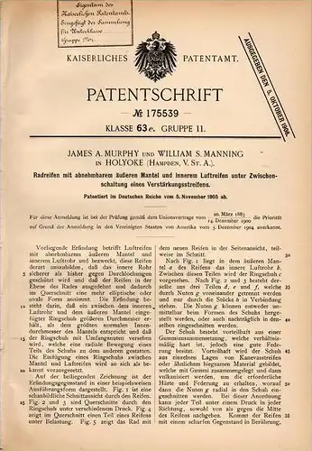 Original Patentschrift - J. Murphy und W. Manning in Holyoke , Massa., 1905 , Tires with removable fabric !!