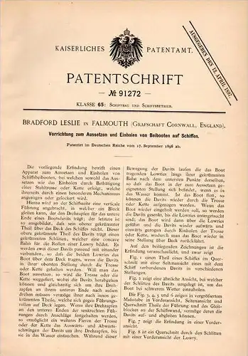 Original Patentschrift - B. Leslie in Falmouth , Cornwall , 1896 , Apparatus for tenders on ships, ship !!!