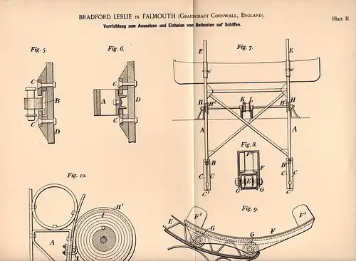 Original Patentschrift - B. Leslie in Falmouth , Cornwall , 1896 , Apparatus for tenders on ships, ship !!!