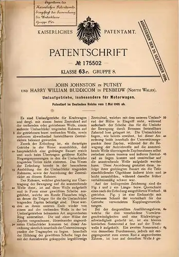 Original Patentschrift - H. Buddicom in Penbedw und Putney , 1905 , Transmissions for automobiles, motor car !!!