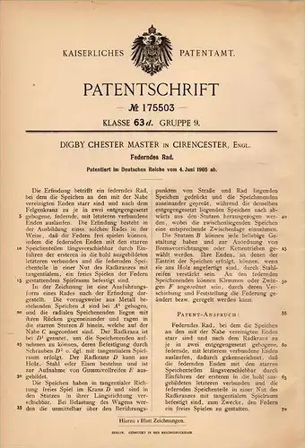 Original Patentschrift - D. Master in Cirencester , 1905 , resilient wheel !!!