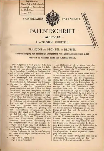 Original Patentschrift - F. de Rechter in Brüssel , 1905 , Federung für Eisenbahn !!!