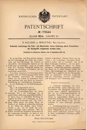 Original Patentschrift - R. Saladin in Sprottau / Szprotawa , 1905 , Lenkung für Motorrad , Fahrrad !!!