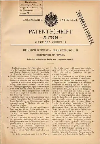 Original Patentschrift -H. Weinert in Blankenburg , 1905 , Fahrrad - Rücktrittbremse , Fahrräder , bicycle !!!