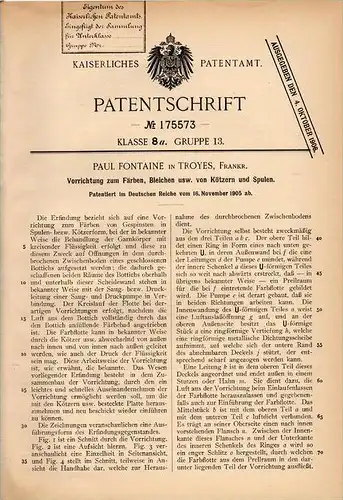 Original Patentschrift - P. Fontaine à Troyes , 1905 ,  Appareil de teinture et de blanchiment de fils !!!