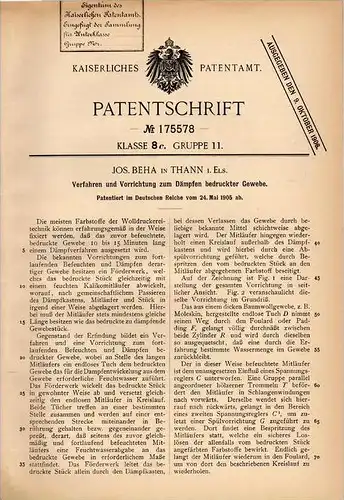 Original Patentschrift - Jos. Beha à Thann , Elsass , 1905 , Appareil pour le tissu, l´impression de la laine !!!