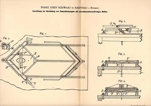 Original Patentschrift - F. Schwarz in Raspenau / Raspenava , 1897 , Cement - Dachziegel , Dach , Dachdecker !!!