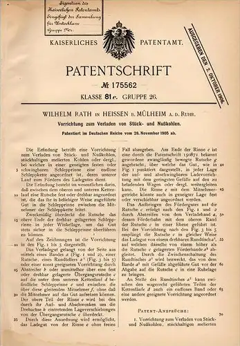 Original Patentschrift - W. Rath in Heißen b. Mülheim a.d. Ruhr , 1905 , Lademaschine für Kohle , Bergbau , Abbau !!!