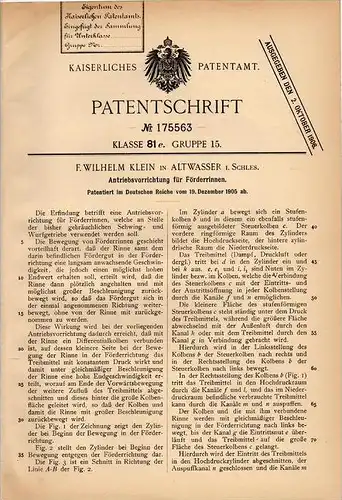 Original Patentschrift - F. Klein in Altwasser / Stary Zdrój , 1905 , Antrieb für Förderrinne , Förderband , Schlesien !