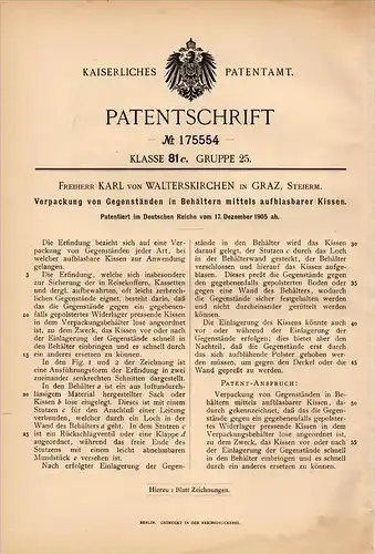 Original Patentschrift - Freiherr Carl von Walterskirchen in Graz , 1905 , Verpackung mit aufblasbaren Kissen !!!