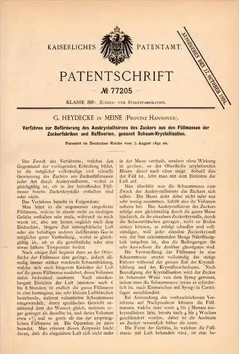 Original Patentschrift - G. Heydecke in Meine b. Hannover , 1892 , Schaum - Kristallisation von Zucker , Zuckerfabrik !!