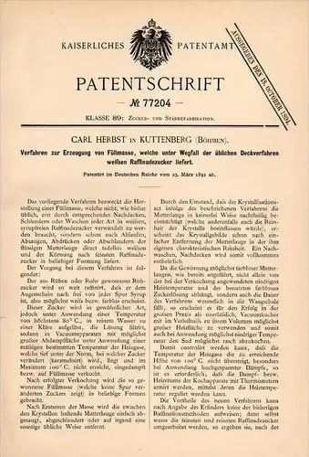 Original Patentschrift - C. Herbst in Kuttenberg / Kutná Hora , 1892 , Erzeugung von Zucker , Zuckerfabrik !!!