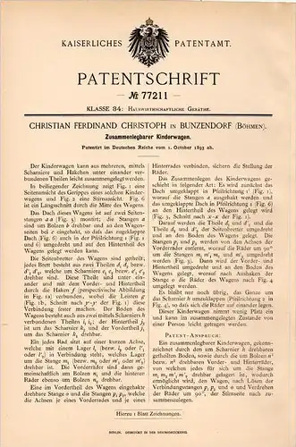 Original Patentschrift - Ch. Christoph in Bunzendorf / Boleslav , 1893 , klappbarer Kinderwagen , Kind , Böhmen !!!