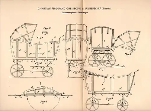 Original Patentschrift - Ch. Christoph in Bunzendorf / Boleslav , 1893 , klappbarer Kinderwagen , Kind , Böhmen !!!