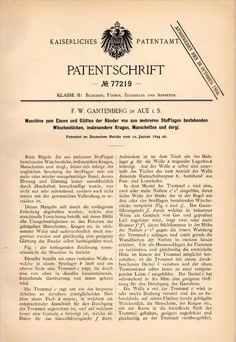 Original Patentschrift - F. Gantenberg in Aue i.S., 1894 , Maschine zum Glätten von Kragen und Manschetten , Wäsche !!!