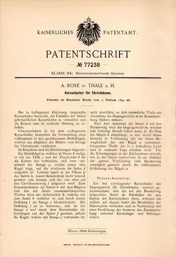 Original Patentschrift - A. Rose in Thale a.H. , 1894 , Kerzenhalter für Christbaum , Weihnachtsbaum , Weihnachten  !!!