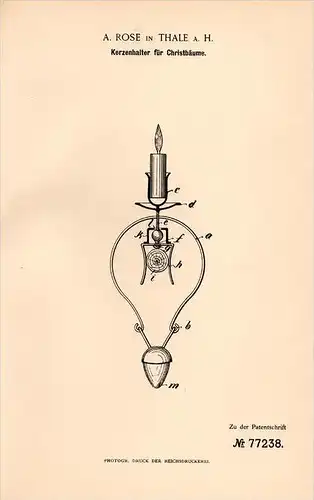 Original Patentschrift - A. Rose in Thale a.H. , 1894 , Kerzenhalter für Christbaum , Weihnachtsbaum , Weihnachten  !!!