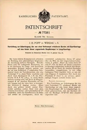 Original Patentschrift - J. Popp in Werdau i.S., 1894 , Apparat für Fasern , Spinnerei , Krempel !!!
