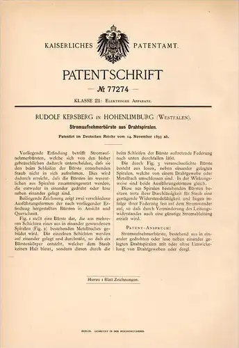 Original Patentschrift - R- Kersberg in Hohenlimburg ,1893, Stromaufnehmer aus Drahtspiralen , Elektriker , Hagen !!!