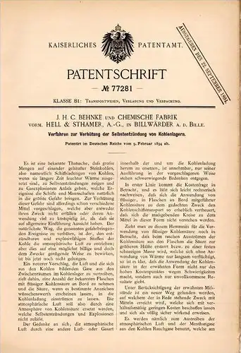 Original Patentschrift -J. Behnke , Hell & Sthamer AG in Billwerder a.d. Bille ,1894, Kohlenlager - Entzündung , Hamburg