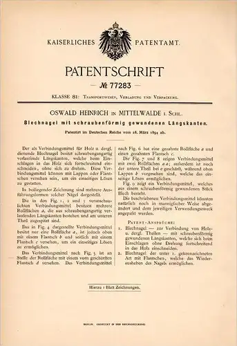 Original Patentschrift - O. Heinrich in Mittelwalde i. Schl., 1894 , Blechnagel , Nagel , Mi&#281;dzylesie !!!