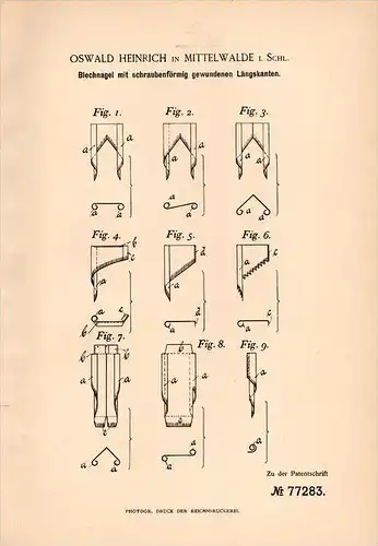 Original Patentschrift - O. Heinrich in Mittelwalde i. Schl., 1894 , Blechnagel , Nagel , Mi&#281;dzylesie !!!