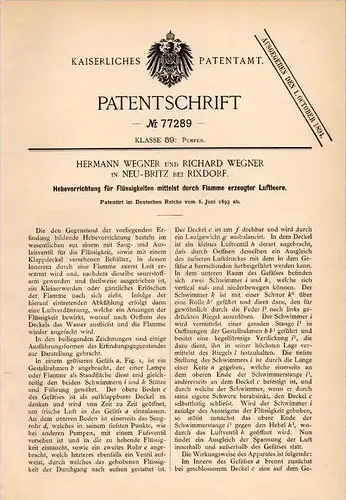 Original Patentschrift - H. Wegner in Neubritz b. Rixdorf , 1893 , Pumpe für Flüssigkeiten !!!