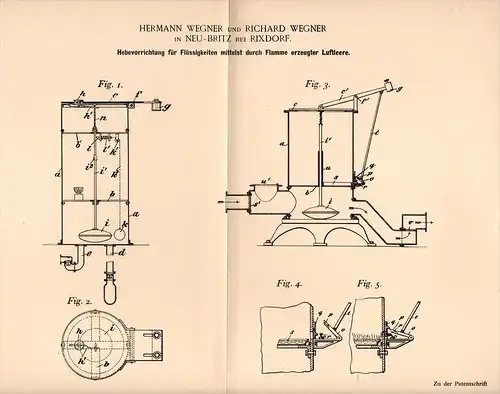 Original Patentschrift - H. Wegner in Neubritz b. Rixdorf , 1893 , Pumpe für Flüssigkeiten !!!