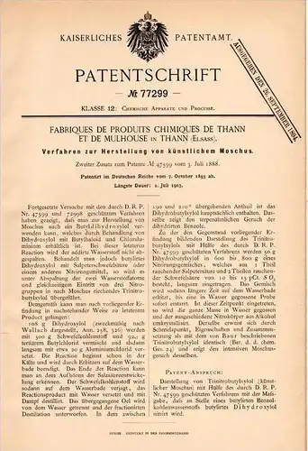 Original Patentschrift - Fabriques chimie à Thann , 1893 , La production de musc, le parfum , Elsass !!!