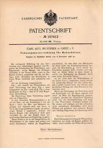 Original Patentschrift - C. Musterer in Greiz i.V., 1898 , Spanner für Webschütze , Weberei , Webstuhl !!!