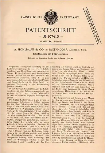Original Patentschrift - A. Hohlbaum & Co in Jägerndorf / Krnov , 1899 , Schaftmaschine für Weberei , Schlesien !!!