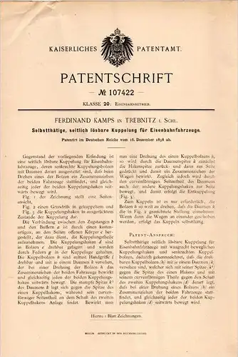 Original Patentschrift - F. Kamps in Trebnitz / Trzebnica i. Schl., 1898 , Kupplung für Eisenbahn , Schlesien !!!