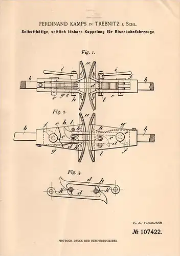 Original Patentschrift - F. Kamps in Trebnitz / Trzebnica i. Schl., 1898 , Kupplung für Eisenbahn , Schlesien !!!