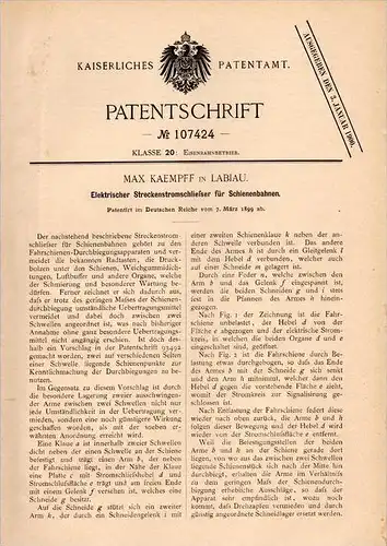 Original Patentschrift - M. Kaempff in Labiau i. Ostpreussen , 1899 , Eisenbahn - Stromschließer , Gleis , Schiene !!!